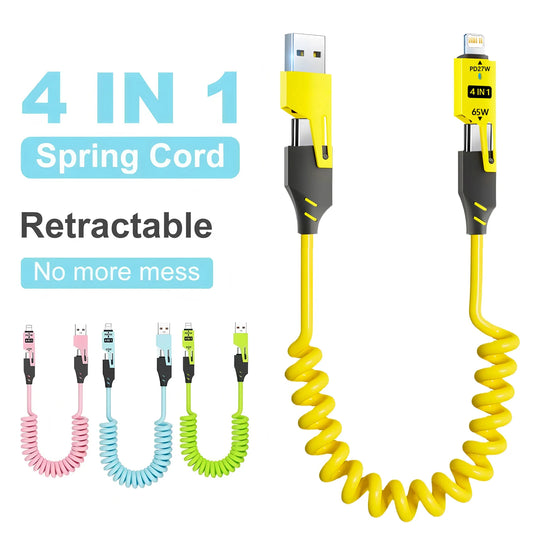 65W 4 in 1 Spring Short Data Cable 6A USB Type C Spring Telescopic Quick Charger Wire Spring USB Cable for iPhone iPad MacBook