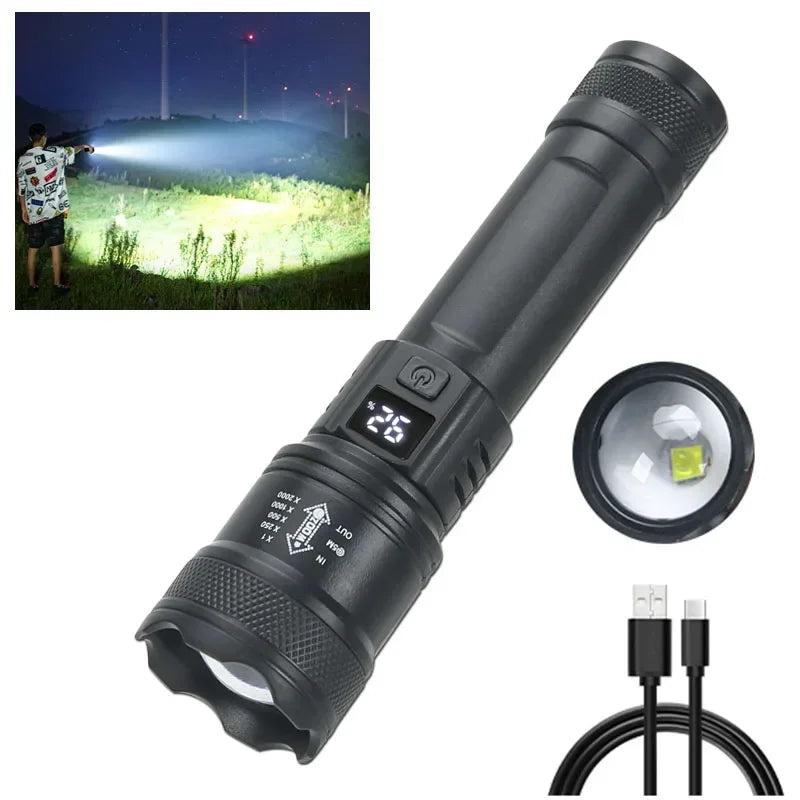 High Strong Power LED Flashlight Tactical Torch USB Rechargeable Zoom Emergency Lights For Outdoor Fishing Work Lighting Lamp