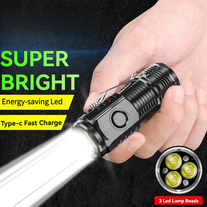 Portable Mini LED Flashlight Powerful 3*Wick Small Pocket Torch USB Rechargeable Strong Light Lantern Super Bright Cap Clip Lamp