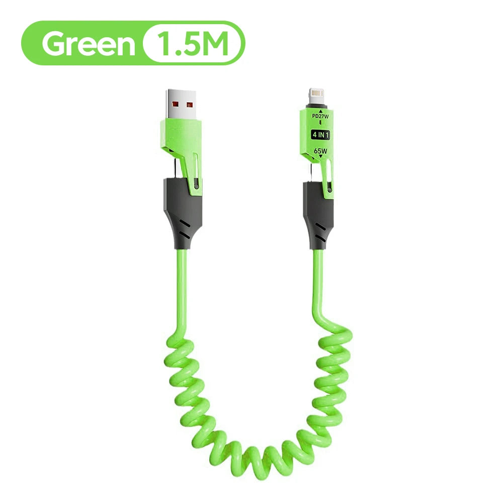4 in 1 65W Spring Short Data Cable 6A USB Type C Spring Telescopic Quick Charger Wire Spring USB Cable for iPhone 15 14 13 12