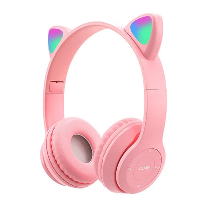 Cute Cat Ear Wireless Headphones with Rgb LED Lights for Kids Stereo Bluetooth Headset for Mobile Music and Computer Gaming