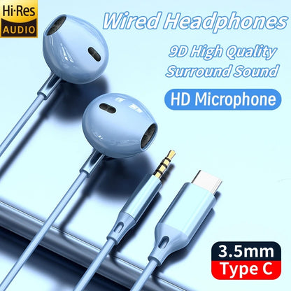 9D HIFI Heavy Bass Earphone 3.5MM AUX Wired Headphone TypeC Surround Stereo Headset With Mic Earbud For Samsung Xiaomi Huawei