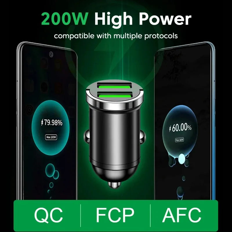 200W Car Mobile Phones Fast Charger Dual USB Quick Charger 3.0 USB Type C 12-24V Lighter Fast Charging Car Power Charger Adapter