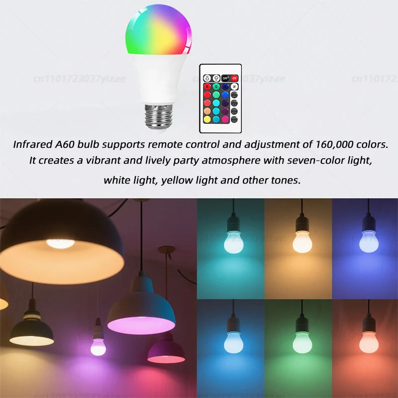 16 Colors RGB Bulb LED Multicolor Bulb E27 Base 220V Household Lighting Dimmable 24 Key Remote Control Atmosphere Neon Light