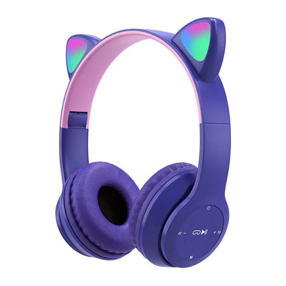 Cute Cat Ear Wireless Headphones with Rgb LED Lights for Kids Stereo Bluetooth Headset for Mobile Music and Computer Gaming