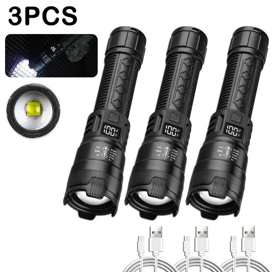 High Power 2000LM LED Flashlight Built-in Battery USB Rechargeable Strong Light Tactical Torch Outdoor Camping Hiking Lantern