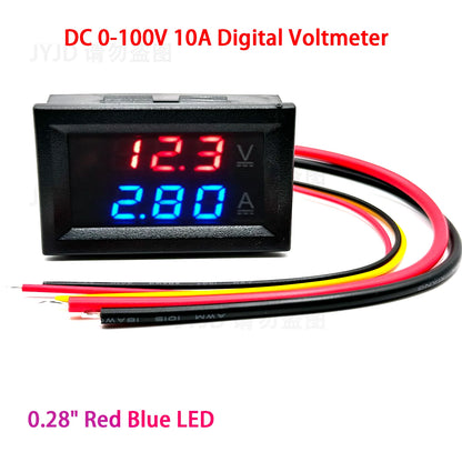 DC 0-100V 10A Digital Voltmeter Ammeter Dual Display Voltage Detector Current Meter Panel Amp Volt Gauge 0.28" Red Blue LED