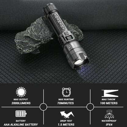 High Power 2000LM LED Flashlight Built-in Battery USB Rechargeable Strong Light Tactical Torch Outdoor Camping Hiking Lantern